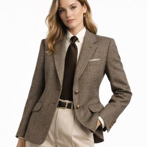 Vintage Wool Herringbone Blazer Size 14 Brown